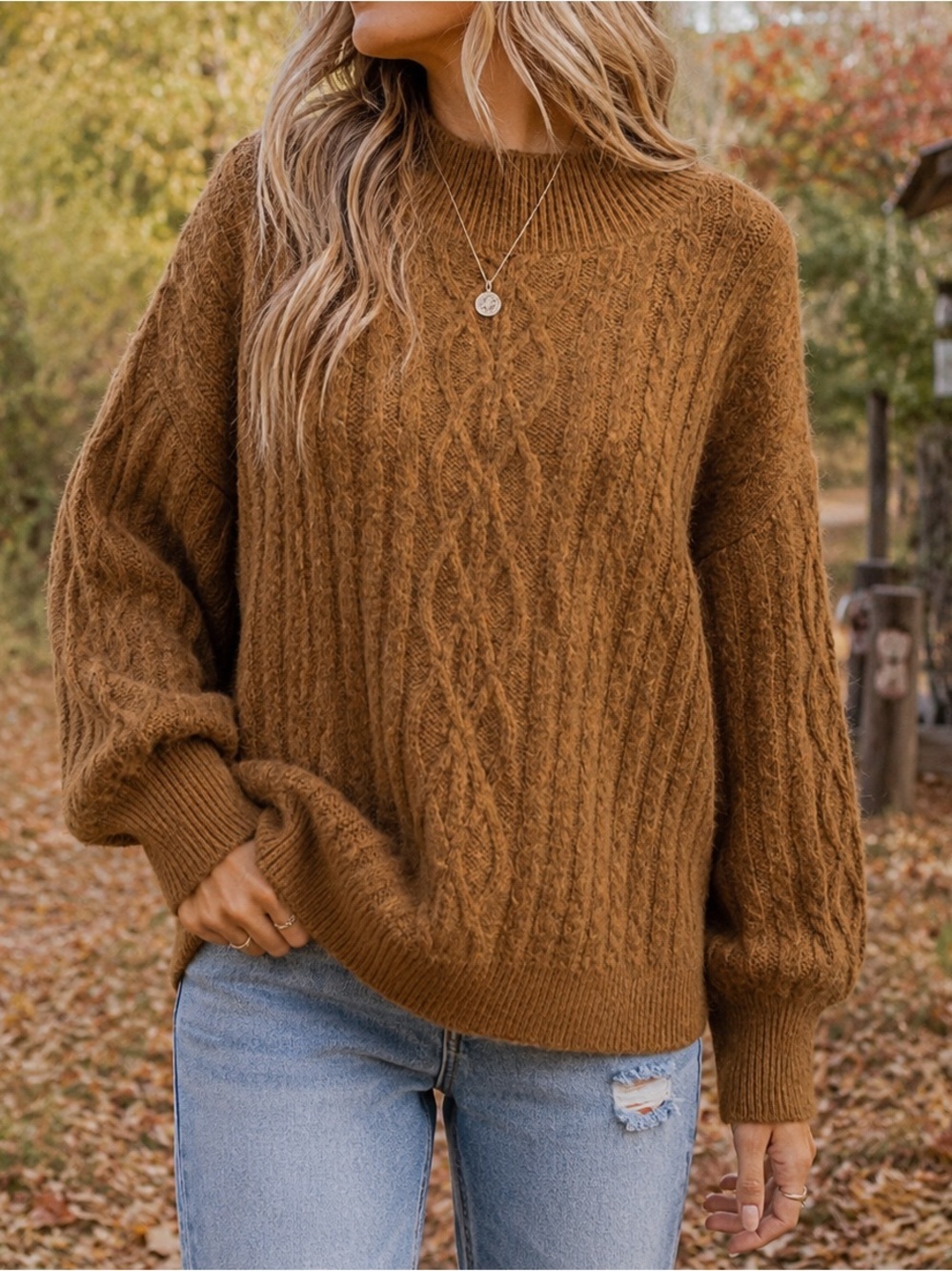 Vince Camuto Brown Cable Knit Mock Neck Sweater Size Medium